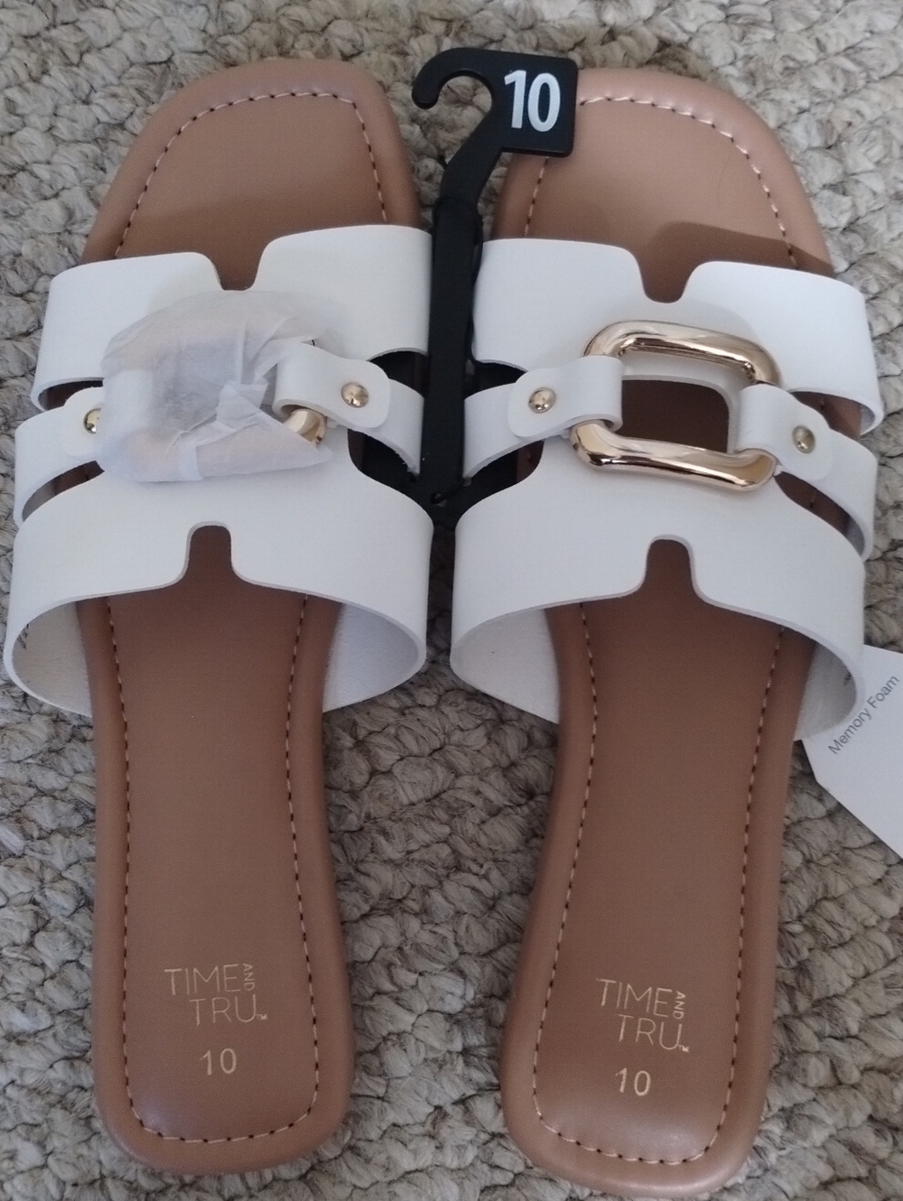 Time and Tru Women's Size 10 White Slide Sandals with Gold Buckle